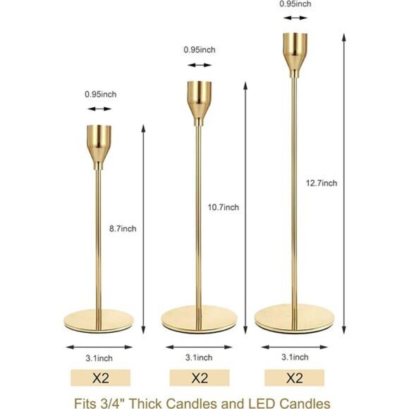 Gold Taper Candle Holders Set of 6,Metal Candlestick Holders for Table or Mantel - Picture 6 of 7